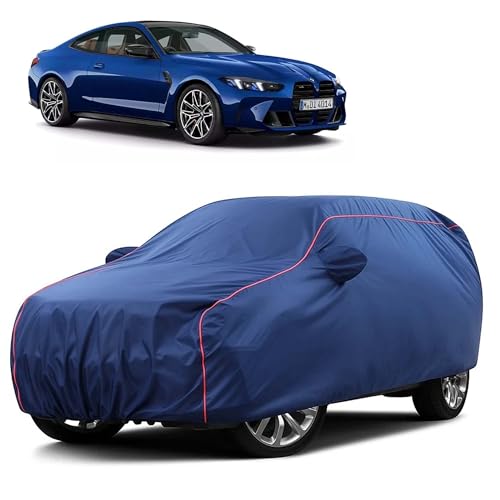Image of Sulfar 100% Water Resistant Car Body Cover Compatible with Mirror for BMW M4 (Triple Stitched, Full Bottom Elastic, Blue Taffeta with Red Piping)