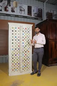 Nazar Art & Craft Mango Wood handcarving wadrobe | Wooden almirah with Shelf Storage | Antique Design Multipurpose wadrobe| for Living Room, Bedroom, Home | White Finish
