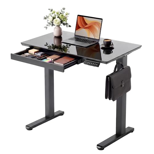 Image of YDN Glass Standing Desk with Drawer, 32 x 19 Inches Electric Adjustable Height Desk, Sit Stand Home Office Desk with Tempered Glass Top, 4 Memory Presets Ergonomic Computer Desk, Black
