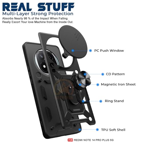 Image of Armor Bumper Back Cover Case for Redmi Note 14 Pro Plus 5G Rotating Camera Cover, Ring Holder & Kickstand | Heavy Duty & 360 Degree Protection Redmi Note 14 Pro Plus 5G Back Cover (Black)