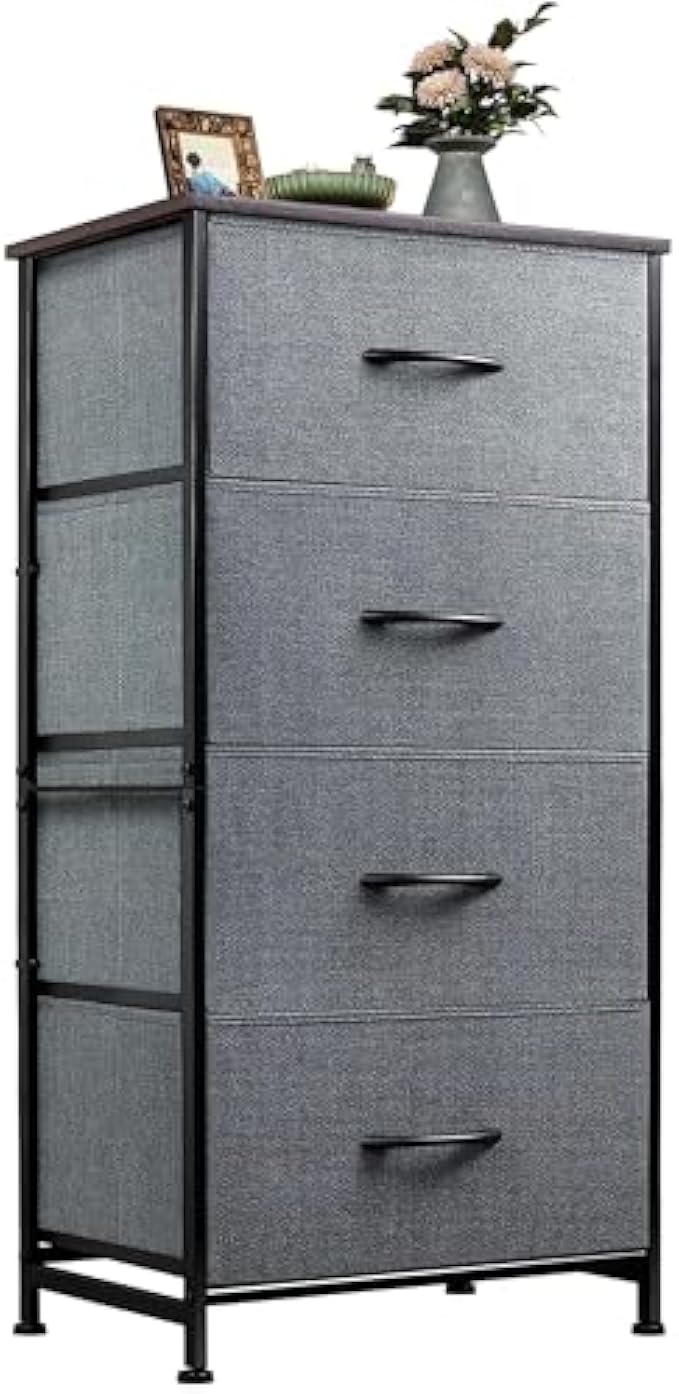 WLIVE Dresser with 4 Drawers, Storage Tower, Organizer Unit, Fabric Dresser for Bedroom, Hallway, Entryway, Closets, Sturdy Steel Frame, Wood Top, Easy Pull Handle, Dark Grey