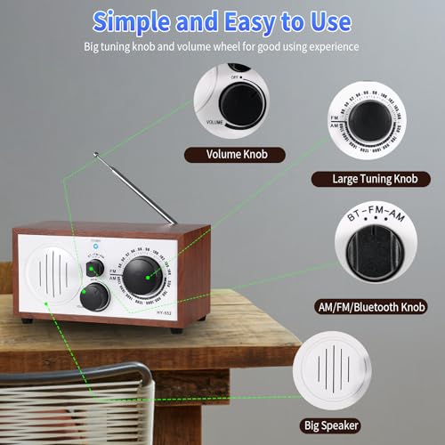 Image of Vintage Wood AM FM Bluetooth Speaker Radio Plug in Wall, Elegant and Retro Design, Old Fashion Radio Bluetooth Speaker with Aux in, Headphone Jack for Home, Office, Kitchen, Gift