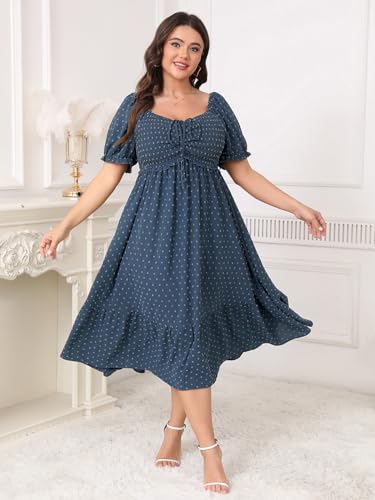 SCOMCHIC Women Plus Size Summer Dress Puff Short Sleeve Smocked Drawstring Ruffle Boho Swiss Dot Casual Midi Dresses4
