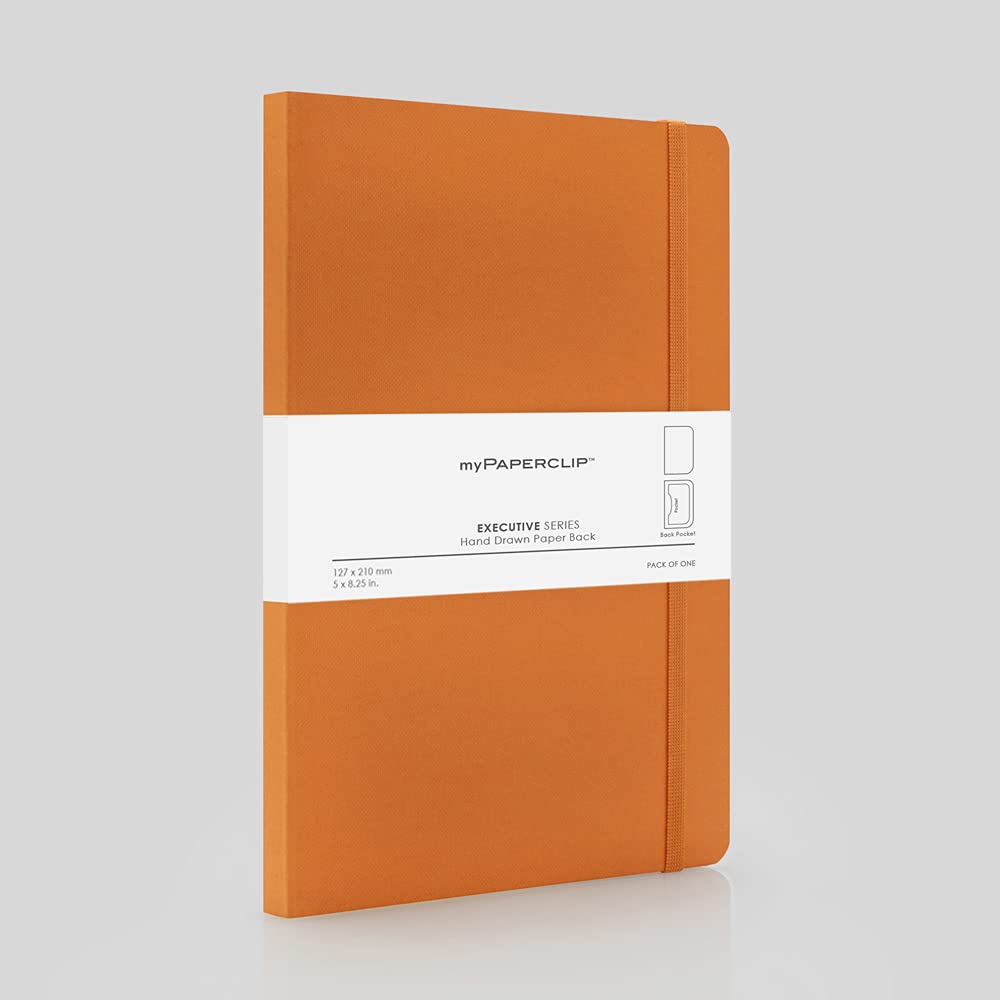 myPAPERCLIP Executive Series Medium Unruled Notebook | 192 Pages, 80 GSM, Soft Cover, Medium Size (5 x 8.25 in) | Flat Lay | Bookmark, Elastic Closure & Back Pocket | Orange
