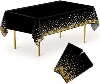 MOKANI Plastic Disposable Tablecloths, 2 Pack Black and Gold Party Table Cloths, Rectangular Table Covers for Picnic Weddings Birthday Parties Baby Shower Decorations, 54" x 108"