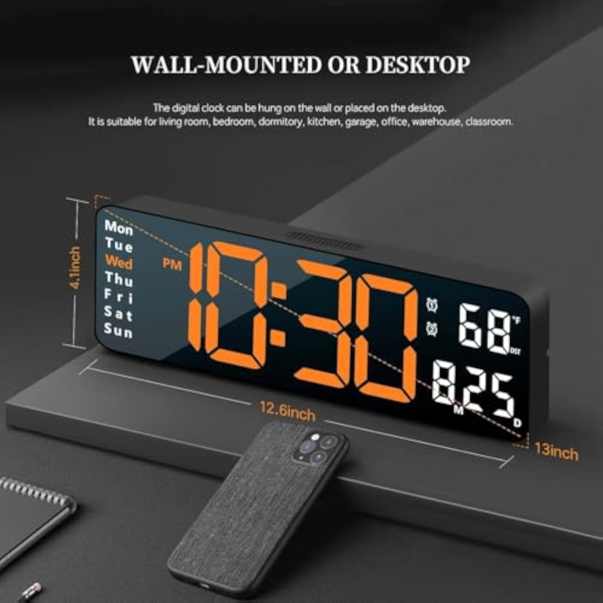 Digital Wall Clock with Remote Control, Large LED Display