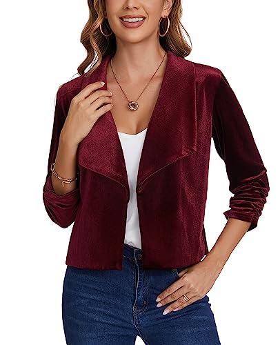 MINTLIMIT Women's Casual Velvet Blazer Jackets 3/4 Ruched Sleeve Shawl Collar Draped Open Front Spring Short Velvet Blazers2