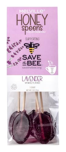 Image of Melville Candy All Natural Honey Spoons & Lollipops on Wooden Ball Sticks - Gluten-Free, Made in USA Stirrers for Tea, Coffee, & Hot Beverages - Individually Wrapped ( inchSave The Bee inch Lavender)