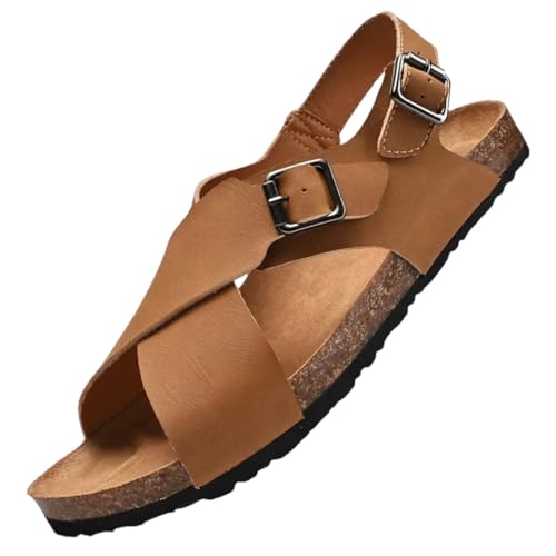 Men’S Breathable Open Toe Outdoor Walking Shoes Lightweight Gladiator Beach Slippers Classic Split Leather Slip-On Flats