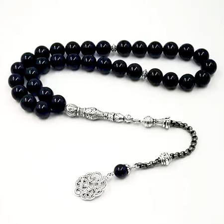 سبحة عقيق اسود طبيعي مع شربة ترزونة معدنية (8mm x 33 beads)