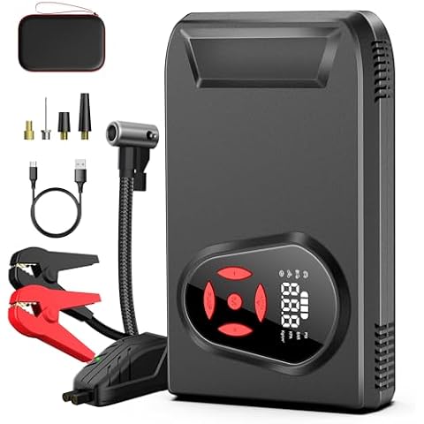 BOOKOO Portable Car Jump Starter with Air Compressor, 3000A 150PSI Jumpe Starter Battery Pack, 12V Car Battery Booster Jump Box with USB 3.0 Display Screen LED Light and 4 Pumping Modes Cover
