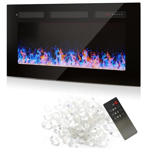36' Electric Fireplace Insert, Wall Fireplace Electric with Remote Control, 12 Adjustable Flames, Freestanding/Wall Mounted/Recessed, 750/1500W Fireplace Insert, Timer, Ultra-Thin Design