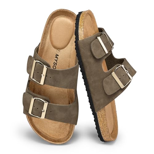 Image of mysoft Womens Flat Sandals Cork Footbed Slides with 2 Straps | Adjustable Buckle Slip On Comfortable Casual Light Weight Summer sandals