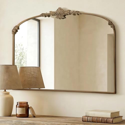 Besdomus Antique Arched Gold Mirror: 40"x30" Vintage Brass Metal Framed