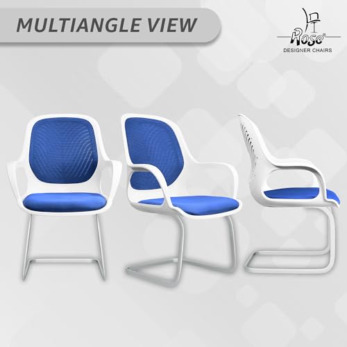 Image of ROSE Zaria | 3 Years Brand Warranty | Ergonomic mesh mid-Back Office Chair, Perfect for Study, Work from Home, revolving, Rolling Computer Desk Chair (White & Blue, Visitor)