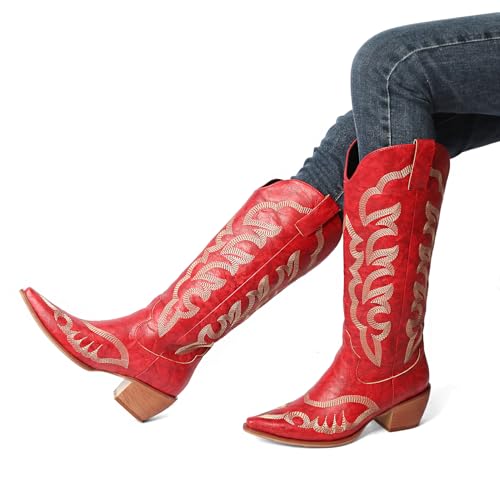 MEOTINA Cowgirl Boots Women Wide Calf Cowboy Booties Womens Square Toe Tall Western Boot Ladies Embroidered Wedding Shoes4