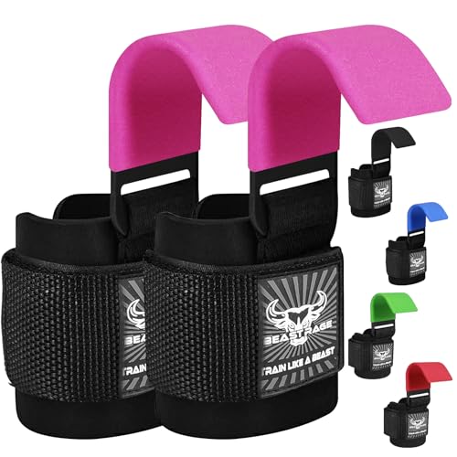 BEAST RAGE Podnoszenie ciężarów Haki Paski na nadgarstki Grube neoprenowe wyściełane gumą Owijki fitness Antypoślizgowe Uchwyty do podciągania się Trening Siłownia (Pink)