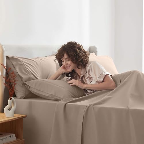 Image of Nestl Extra Deep Queen Sheet Set - 6 Piece Breathable & Cooling Sheets - Hotel Luxury Bedding Set w /18-24 Inch Deep Pockets - Easy & Secure Fit - Super Soft, Wrinkle Free & Comfy - Taupe Sand