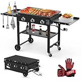 Llamaviva 3 Burner 35' Flat Top Grill with Foldable Shelves 45000 BTU Outdoor Griddle for Propane High-Pressure Systems Portable BBQ Grill with Porcelain-Enameled Cast Iron Grate for Camping-gloves