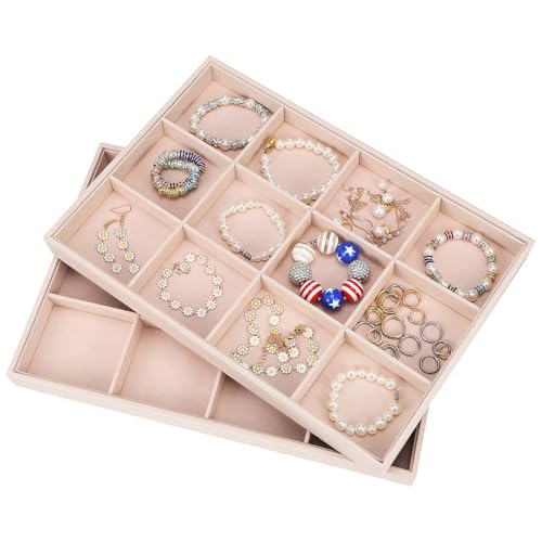 HANABASS 2 pièces Plateau Bijoux Velours Empilable avec Compartiments Ajustables pour Rangement Bagues Boucles Oreilles et Accessoires Insert Tiroir Organisateur Polyvalent