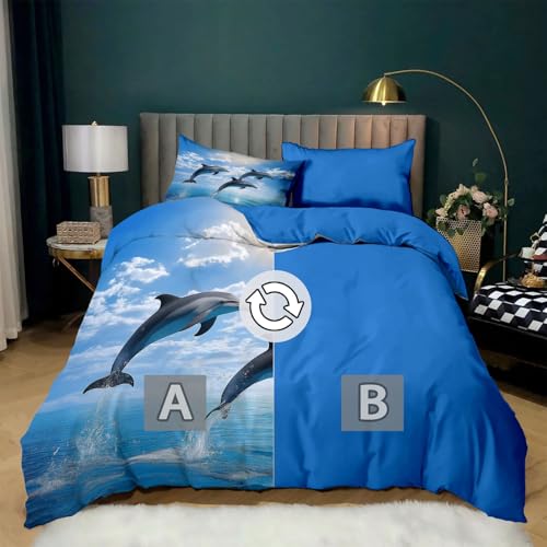 Housse couette polycoton 160x200 dauphin bleu parure de lit 2p