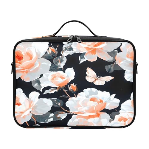 zyrtty Travel Makeup Train Case Coral Flower White Pattern Black Cosmetic Organizer Portable Storage Bag with Adjustable Dividers for Cosmetics Brushes Toiletry Jewelry Digital Accessories