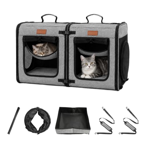 Image of PETUX 2-in-1 Double Cat Carrier with Play Tunnels for Multiple Cats | Portable, Breathable, Soft Side Cat Carrier with Litter Box and Comfortable Hammock for Travel and Vet Visit, 32 inchx13 inchx17 inch