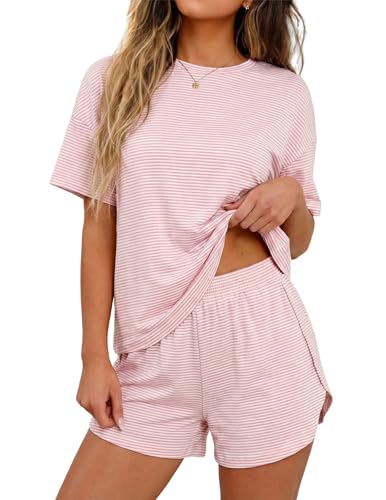 GraceSelect Womens Pajama Sets Shorts 2 Piece Striped Matching Pjs Set Summer Split Soft Comfy Lounge Sleepwear Pink