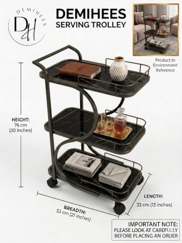 Image of Serving Trolley with Wheels for Home, Tea Food Drinks Serving Kitchen Trolley Restaurant, Hotels,Dining Room bar cart with Wheels (Full-Black)