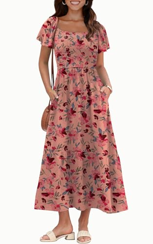Image of OFEEFAN Summer Dresses for Women Square Neck Ruffle Sleeve Smocked Maxi Dress with Pockets