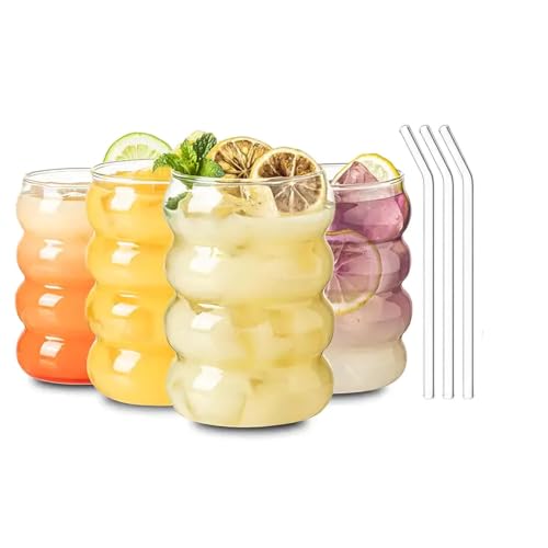 Image of Glass Mug with Bamboo Lid and Straw, 510ml, for Cold Drinks, Smoothies, Coffee(Pack of 1) (Transparent Wave Mug)