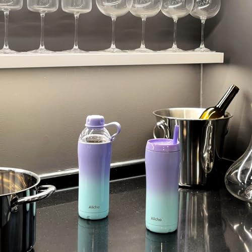 Image of Allcho Insulated Water Bottle for Women, 18oz Stainless Steel Leak Proof Tumbler with 2 Lids, BPA-Free Tritan Chug & Straw Lid, Double Wall Vacuum Flask