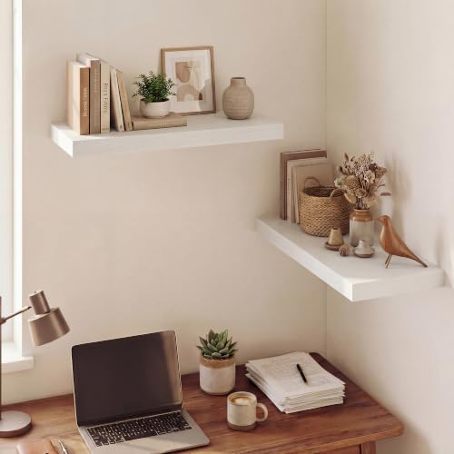 Image of Dreamland 24 Inches Floating Shelves for Wall,9.3 inch Deep Long Floating Shelves Set of 2,Large Display & Storage Shelf,Wall Shelf for Bathroom Bedroom Living Room Kitchen Office,White