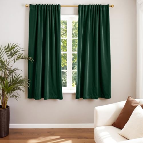 Image of Blackout Emerald Green Velvet Curtains 52x63 Inch 2 Panels | Soft Velvet, For Small Windows, Kitchens & Bathrooms, Light Shifting Texture, Elegant Drape, Classic