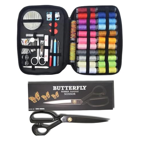 Butterfly Sewing Kit Box | Tailoring Tools Combo with Accessories, Scissors, Thread, Needles, Measuring Tape | Sui Dhaga Portable, Stitching Items Box for Home, Ladies, Multipurpose, Travel, DIY