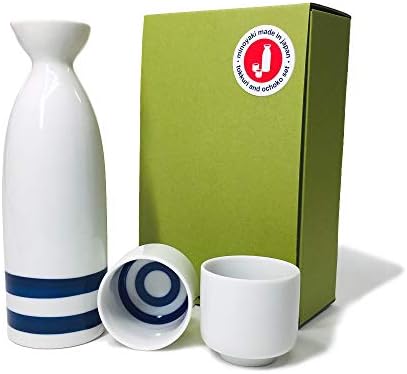 Japanese Minoyaki Janome Sake set, 8 oz sake bottle and 2 sake cup, Sake Tokkuri with Ochoko, for Kiki‐zake Traditional Mino-Yaki ware