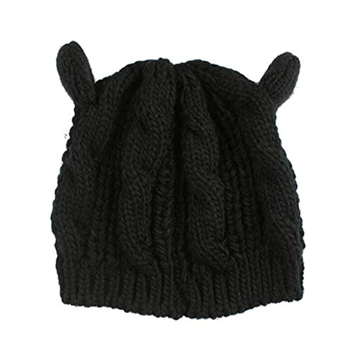 Ewanda Store Women Winter Wool Baggy Beret Beanie Cute Devil Cat Ear Crochet Braided Knit Hat Ski Cap,Black #TOP1