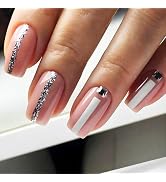 Sparkly Silver Glitter Line Press on Nails Rhinestone Acrylic Fake Nails 24 Pcs Medium Square Glo...