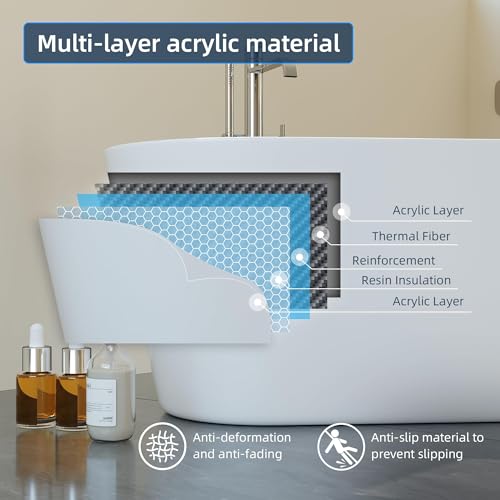 Image of 59 Inch Acrylic Freestanding Bathtub, Deep Soaking Tub with Non-Slip Base, cUPC Certified Free Standing Tub, Chrome Drain Bath Tub, Modern Tub for Bathrooms, White