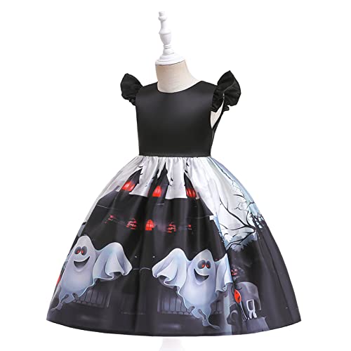 Girls Halloween Prints Dress Flutter Sleeve Puffy Gown Toddler Child Party Pageant Dresses+Bag3