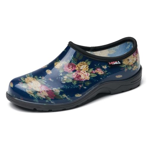 HISEA Waterproof Garden Shoe for Women, Outdoor Slip-On Garden Clogs Rubber Rain Boots, Lightweight PVC Rainboots Low Cut Ankle Booties Rain Shoes with Comfort Insole
