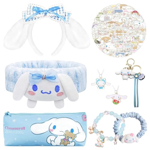 Image of ZIBUYU 9Pcs Kawaii Cinnamoroll School Kit for Girls, Stuff Cute Stationery School Supplies Set Headband, Ear Dog Headband, Hairband, Stationery Pouch, Stickers, Necklaces, Bracelet, Keychain