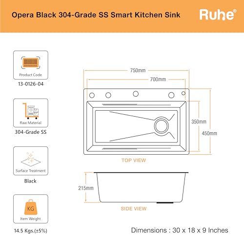 Image of Ruhe Opera Black Smart Waterfall Kitchen Sink | 30x18x9 inches | Digital Display | Pull-Out & RO Faucet | Piano Key Controls | Automatic Cup Washer | 304-Grade Stainless Steel Kitchen Sink