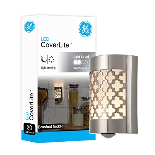 Image of GE CoverLite LED Night Light, Decorative, Plug-in, Smart Dusk-to-Dawn Sensor, Home Decor, Ideal for Bedroom, Bathroom, Kitchen, Hallway, 1 Pack, 29847, Brushed Nickel | Moroccan