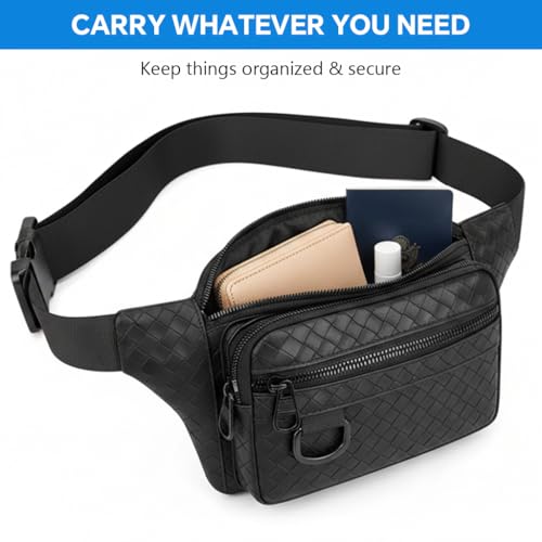Image of GUSTAVE PU Waist Bag Outdoor Lightweight Day Bag Multi Zipper Compartment Travel Bag Chest Bag with Adjustable Strap, Fashion Woven Pattern Compact Shoulder Bag for Hiking, Travel, Casual Use