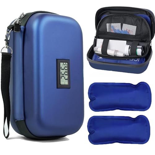 SUQ Maleta con Enfriador de Insulina con Pantalla De Temperatura, Bolsa de Pluma de Insulina con 2 Bolsas de Hielo de Nylon, Maleta de Insulina Pequeña, Refrigerador para Maleta de Diabetes, Azul