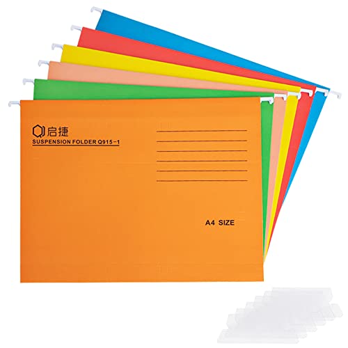 12 Stück Premium-Hängemappenhalter, A4-Hängemappen mit Karteneinsätzen und 55 Etikettenaufklebern,Dokumentenaufbewahrung für die Schule, Zuhause, Arbeit, Büroorganisation (6 Farben) Cover