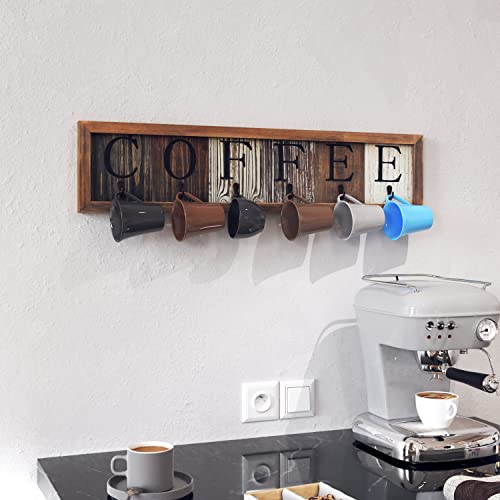 HBCY Creations Rustic Coffee Mug Rack Wall Mounted, Printed Coffee Sign - 6 Coffee Cup Hooks - Wooden Coffee Mug Display and Organizer - Distressed Coffee Rack Sign (31.5")