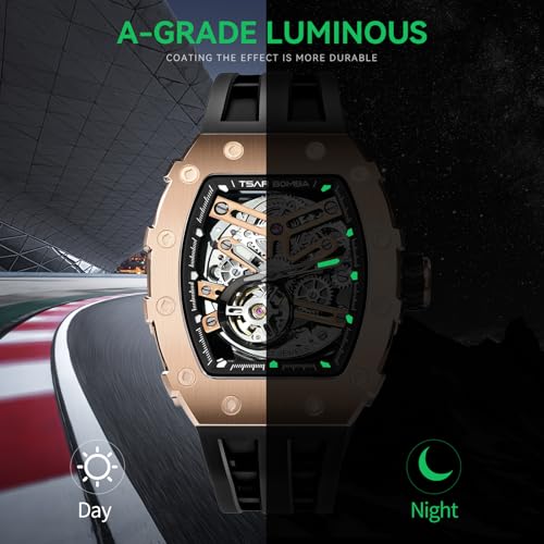 Image of TSAR BOMBA Men's Automatic Watch Tonneau Luxury Skeleton Watches for Men Mechanical 50M Waterproof Analogue Watches Mens Unique Cool Square Big Face Dial Wristwatch with Silicone Strap Band