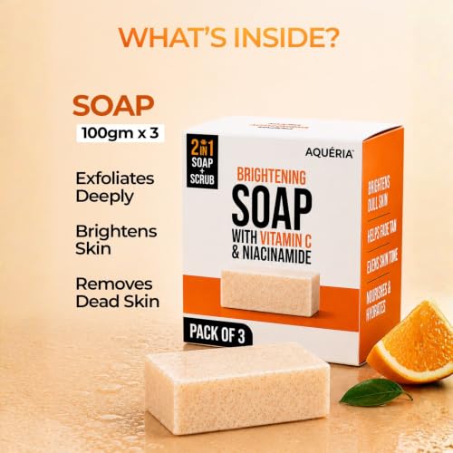Image of Aqueria 2-in-1 De-Tan & Brightening Soap with Vitamin C & Niacinamide | Instant Brightening & Exfoliating Soap with Kojic Acid | Scrub Side for Tan Removal & Smooth Side for Brightening (Pack of 3)